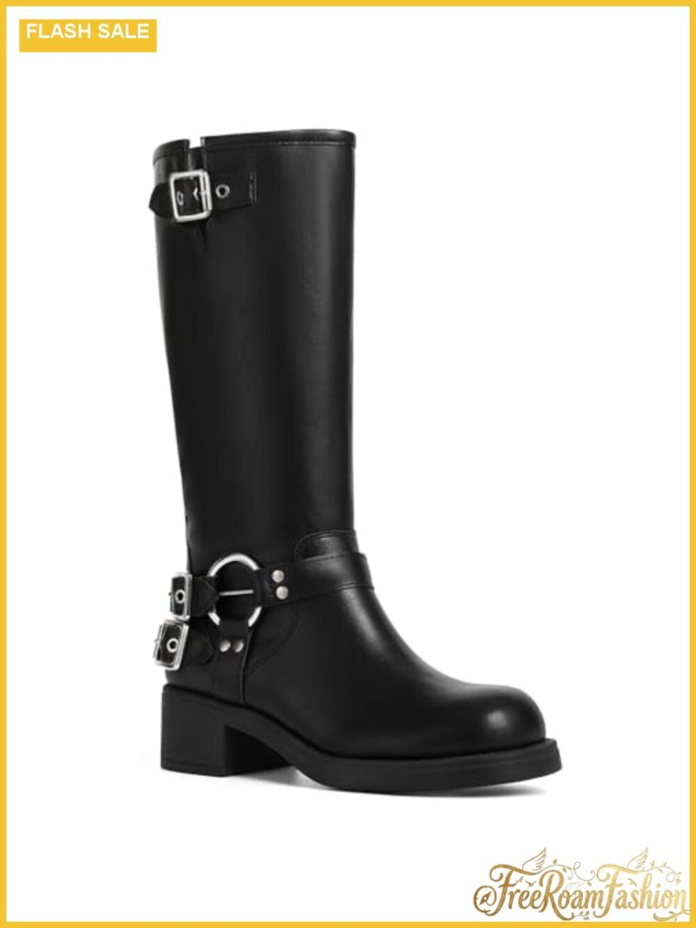 Knee High Moto Biker Boots Buckle Chunky Block Heel Zip Riding Boots